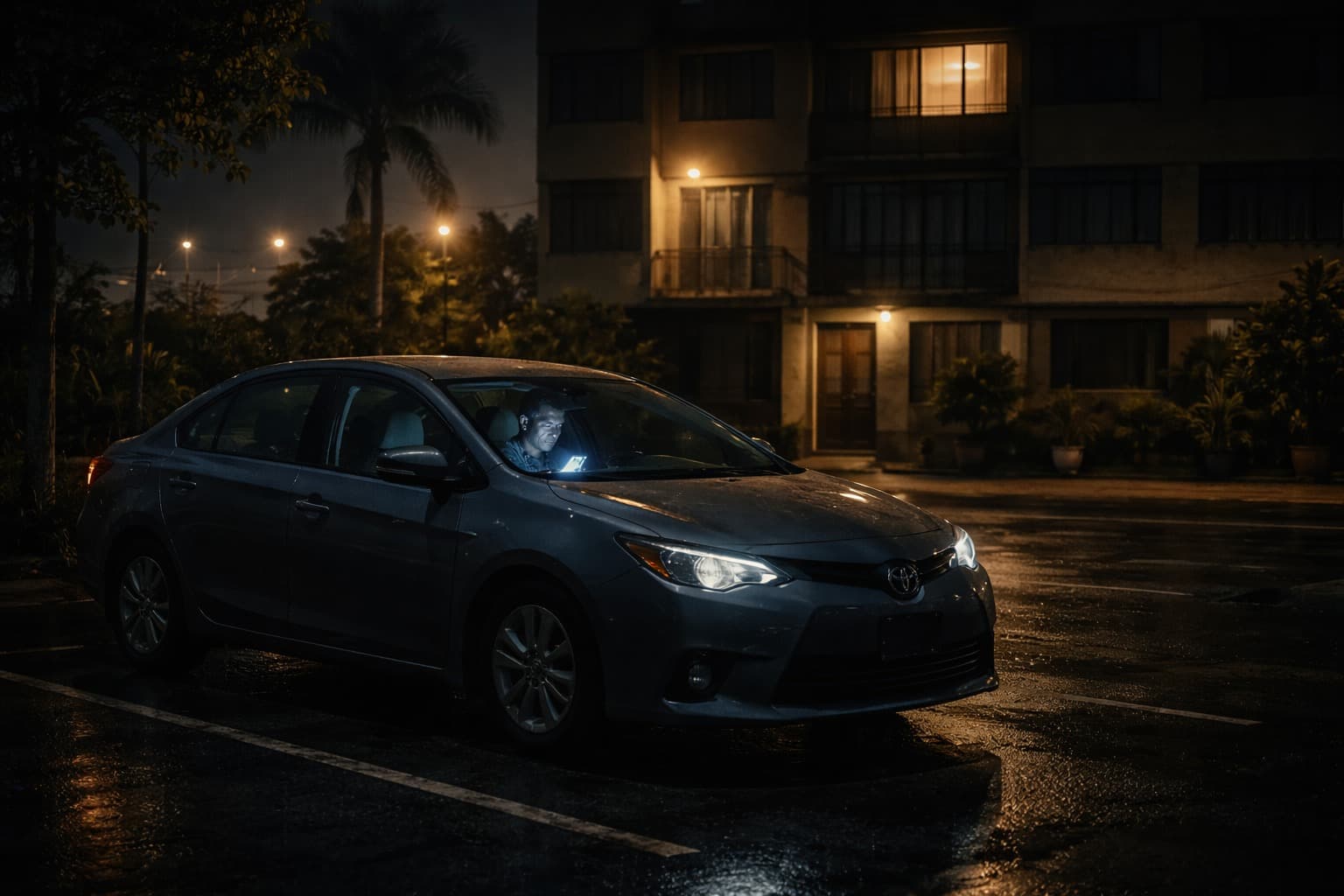Hombre en auto bajo la lluvia — Martín Paredes