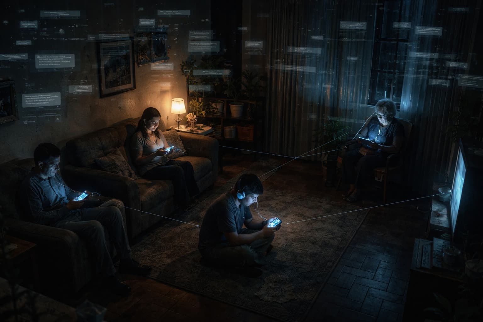 La familia Paredes — cada uno en su pantalla, conectados por hilos de luz